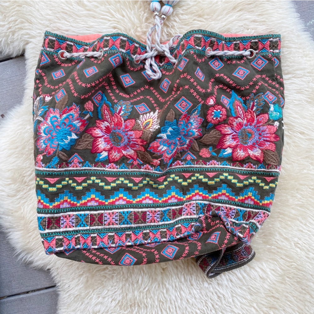 Johnny Was ~ Drawstring Cloth Backpack with Floral Embroidering